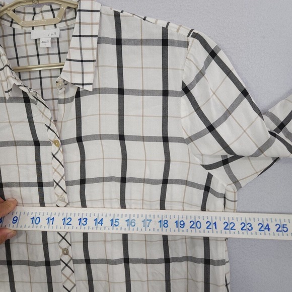 J Jill Top Tunic Women Ivory Large Long Sleeve Button Up Plaid Buttons Collared - Picture 10 of 15